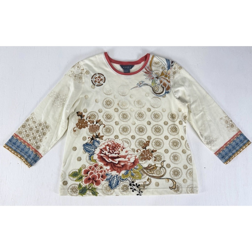 Koret Pastel Floral oriental Crane Colorful 3/4 Sleeve Top Cottagecore Petite S